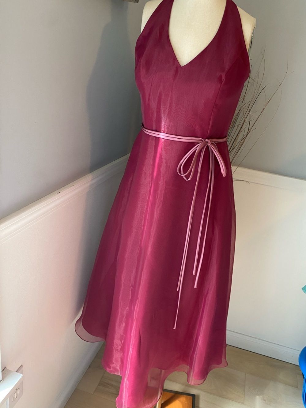 David's Bridal Organza Halter Tea Length Dress in Berry - size 8